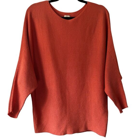 Chico's Women Orange/Coral Metallic Ribbed Banteau 3/4 Sleeve Sweater Sz 2 Large - Picture 1 of 7